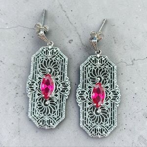 Sterling Silver Art Deco Ruby Filigree Earrings